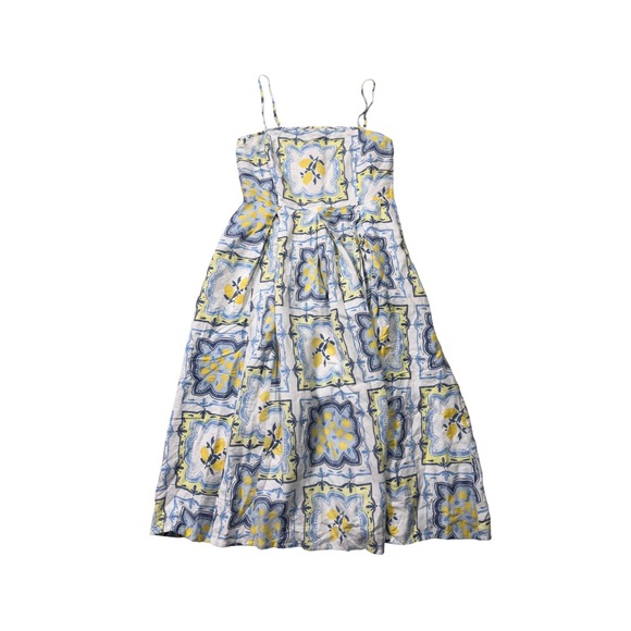 LOFT Blue & Yellow Linen Blend Tile Print Midi Dress – 45" Length - Picture 3 of 8